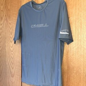 O’Neill men medium light blue rash guard swimsuit surfing 50+ UPF boat shirt EUC